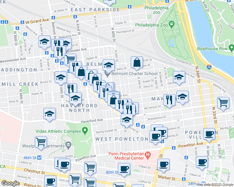 map of restaurants, bars, coffee shops, grocery stores, and more near 708 Wiota Street in Philadelphia