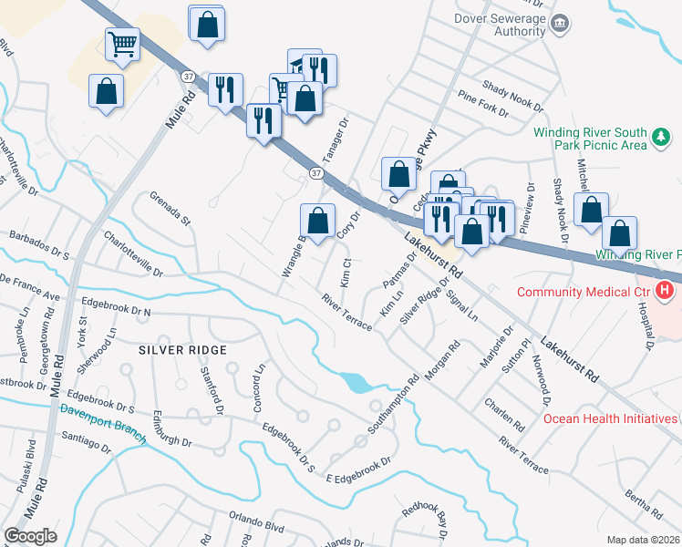 map of restaurants, bars, coffee shops, grocery stores, and more near 41 Kim Court in Toms River