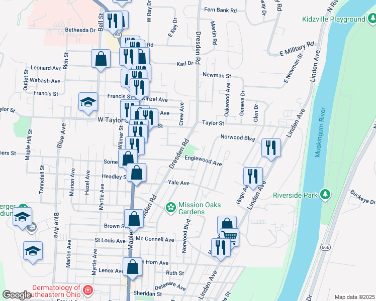 map of restaurants, bars, coffee shops, grocery stores, and more near 2256 Dresden Road in Zanesville