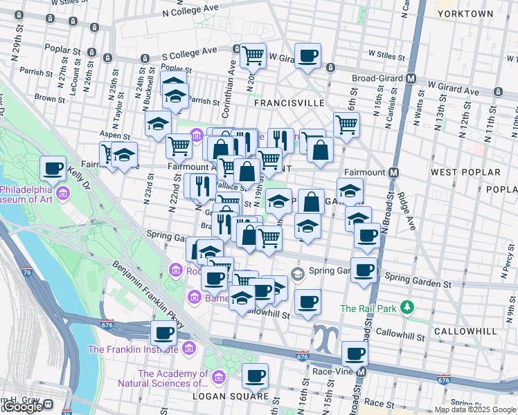 map of restaurants, bars, coffee shops, grocery stores, and more near 1916 Wallace Street in Philadelphia