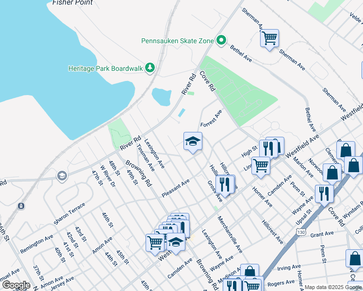 map of restaurants, bars, coffee shops, grocery stores, and more near 5726 Granite Court in Pennsauken Township