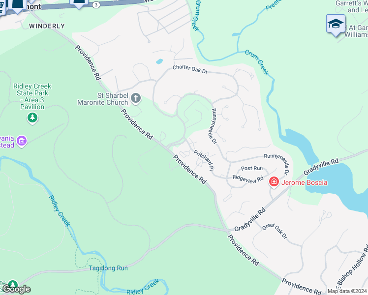 map of restaurants, bars, coffee shops, grocery stores, and more near 107 Pritchard Place in Newtown Square