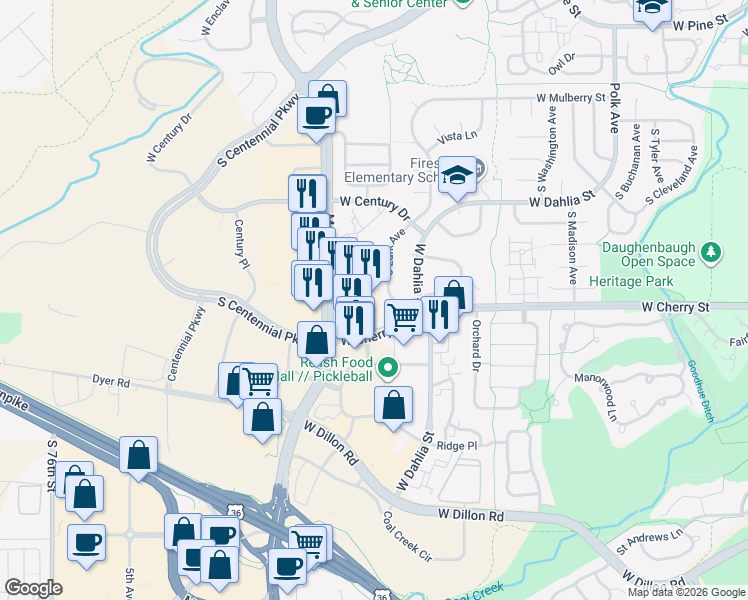 map of restaurants, bars, coffee shops, grocery stores, and more near 332 S McCaslin Blvd in Louisville