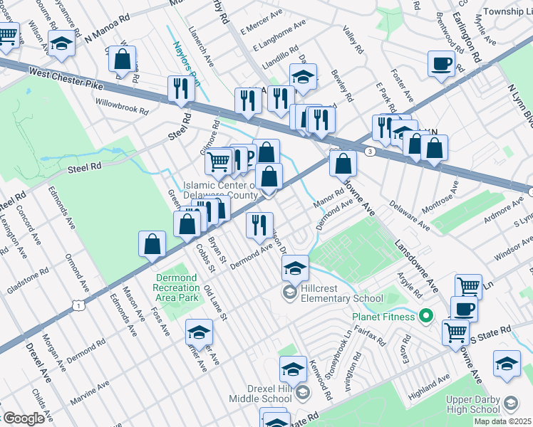 map of restaurants, bars, coffee shops, grocery stores, and more near 2502 Township Line Road in Drexel Hill