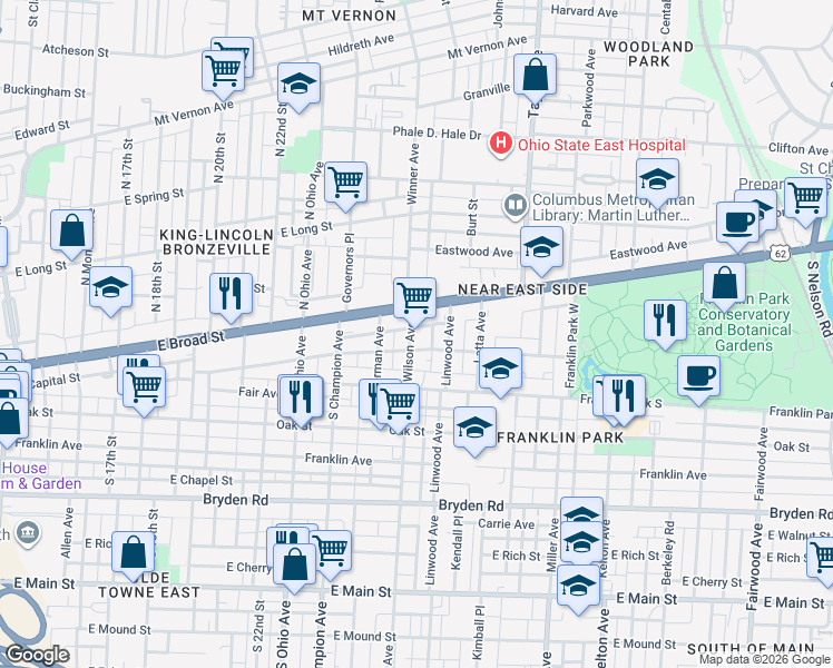 map of restaurants, bars, coffee shops, grocery stores, and more near in Columbus