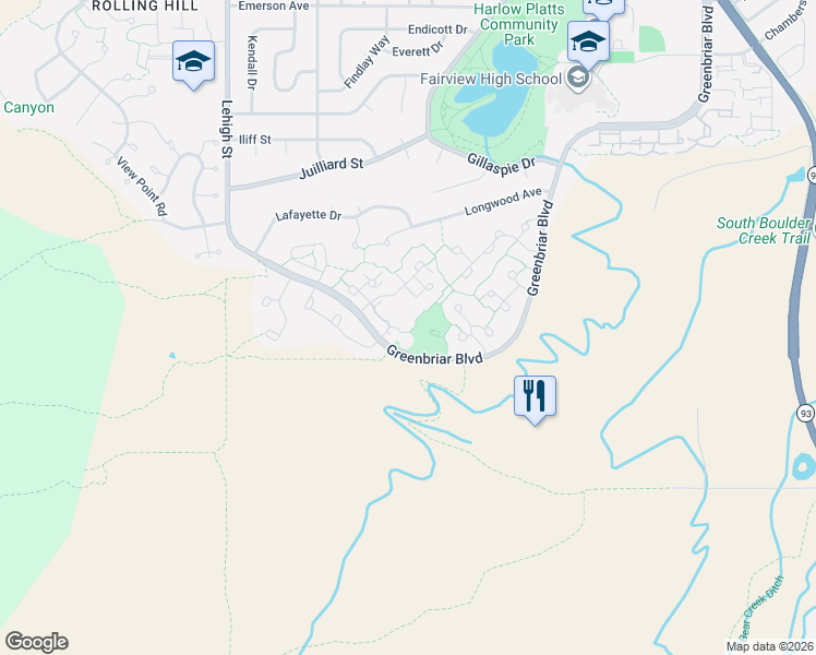map of restaurants, bars, coffee shops, grocery stores, and more near 3212 Cripple Creek Trail in Boulder