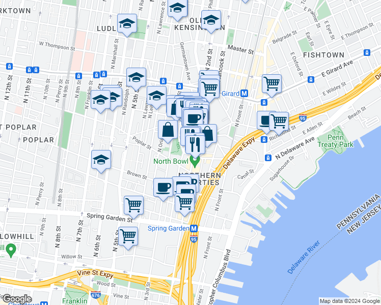 map of restaurants, bars, coffee shops, grocery stores, and more near 957 North American Street in Philadelphia