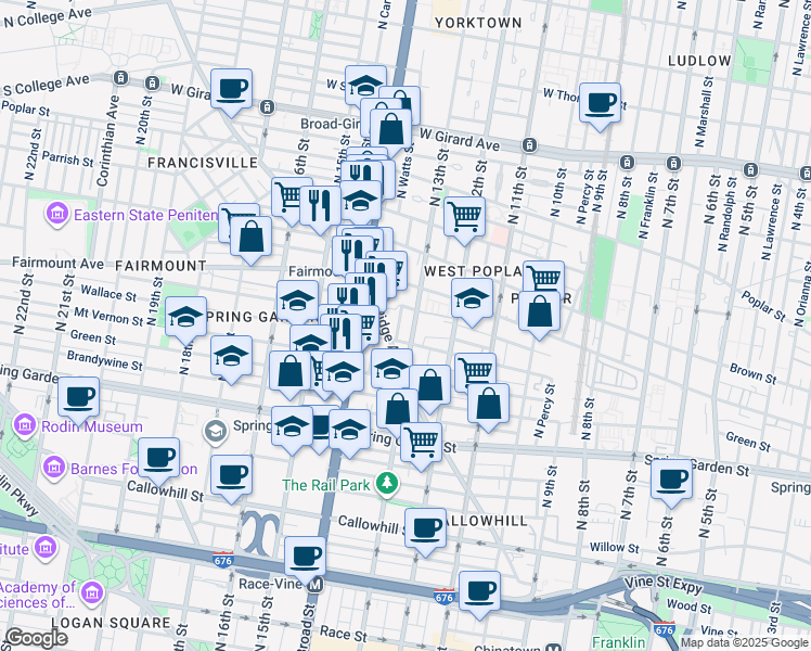 map of restaurants, bars, coffee shops, grocery stores, and more near 638 North 13th Street in Philadelphia
