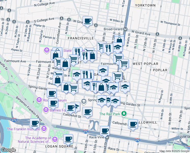 map of restaurants, bars, coffee shops, grocery stores, and more near 1606 Wallace Street in Philadelphia