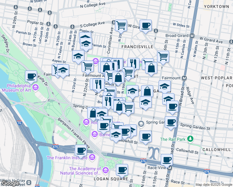 map of restaurants, bars, coffee shops, grocery stores, and more near 1916 Wallace Street in Philadelphia