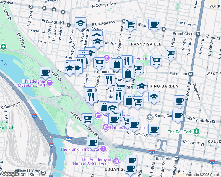 map of restaurants, bars, coffee shops, grocery stores, and more near in Philadelphia