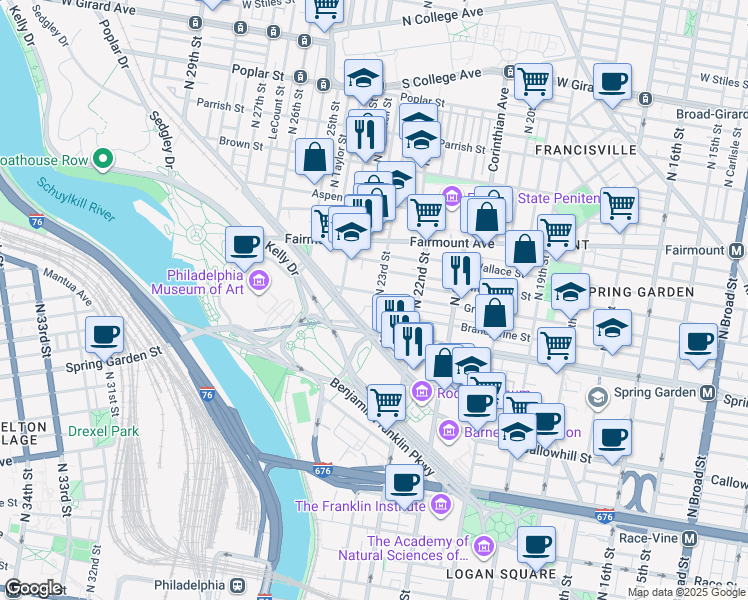 map of restaurants, bars, coffee shops, grocery stores, and more near 2229 Green Street in Philadelphia