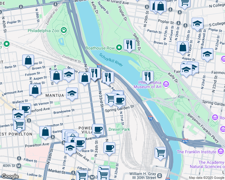 map of restaurants, bars, coffee shops, grocery stores, and more near 644 North 32nd Street in Philadelphia