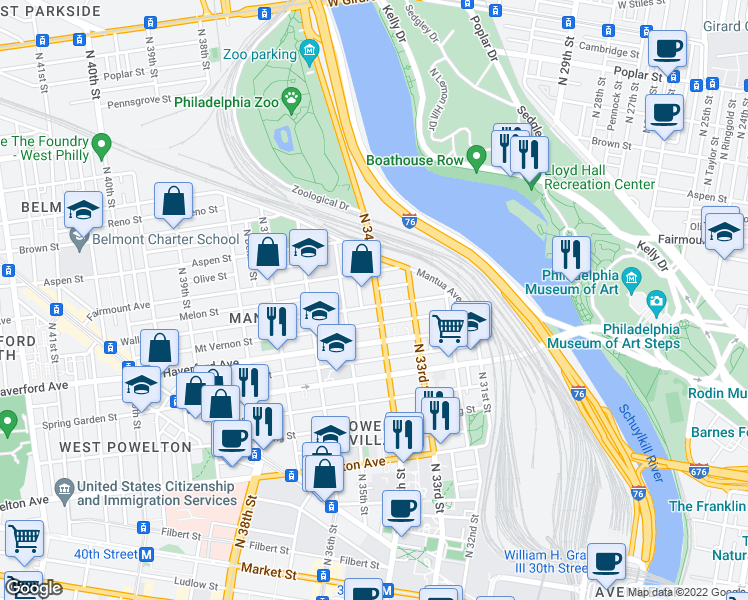 map of restaurants, bars, coffee shops, grocery stores, and more near 673 North 34th Street in Philadelphia