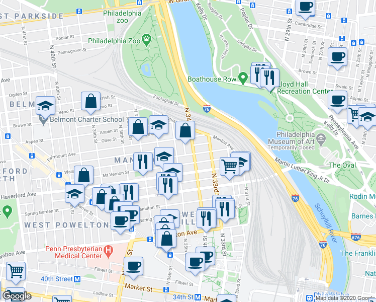 map of restaurants, bars, coffee shops, grocery stores, and more near 673 North 34th Street in Philadelphia