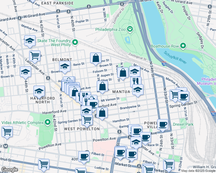 map of restaurants, bars, coffee shops, grocery stores, and more near 3832 Fairmount Ave in Philadelphia