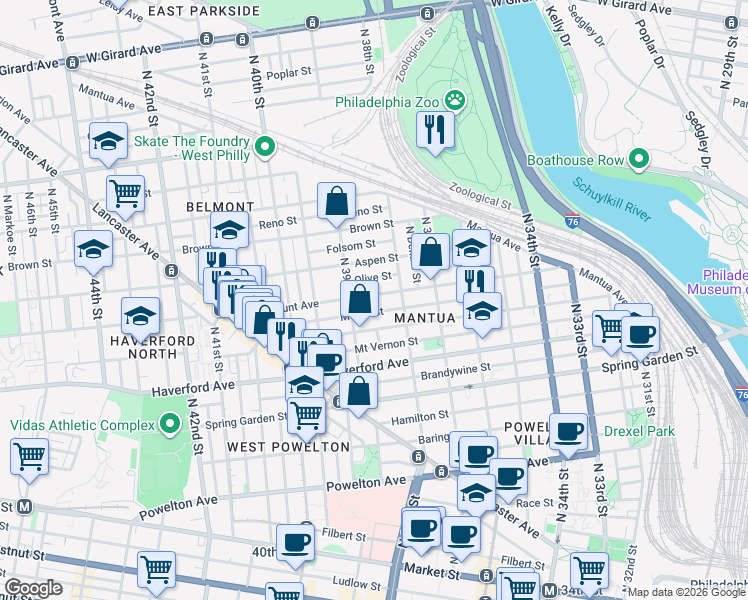 map of restaurants, bars, coffee shops, grocery stores, and more near 3860 Olive Street in Philadelphia
