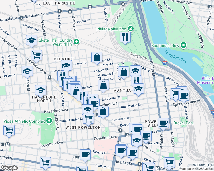 map of restaurants, bars, coffee shops, grocery stores, and more near 3860 Olive Street in Philadelphia