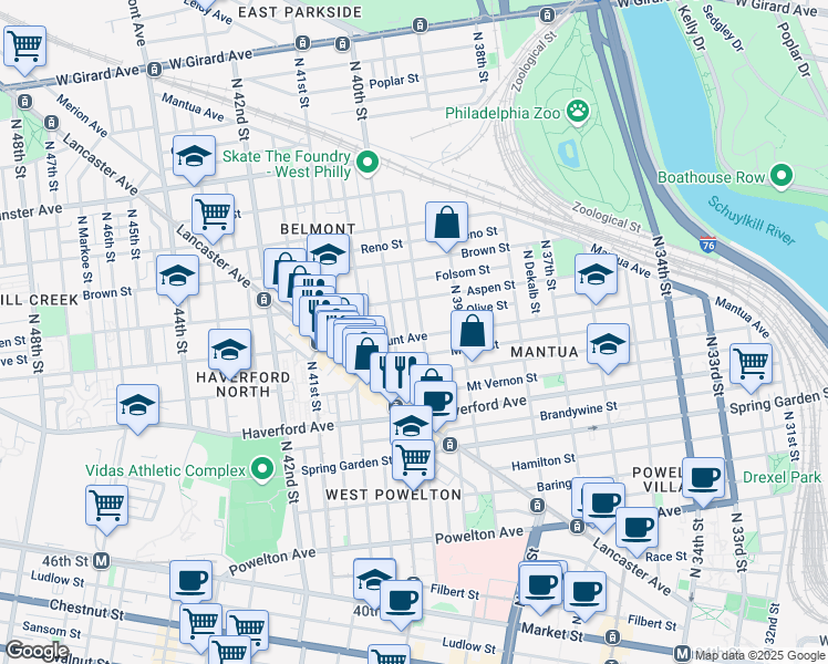 map of restaurants, bars, coffee shops, grocery stores, and more near 729 North 40th Street in Philadelphia