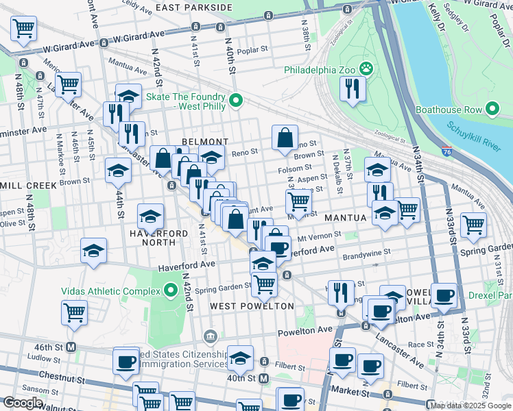 map of restaurants, bars, coffee shops, grocery stores, and more near 729 North 40th Street in Philadelphia