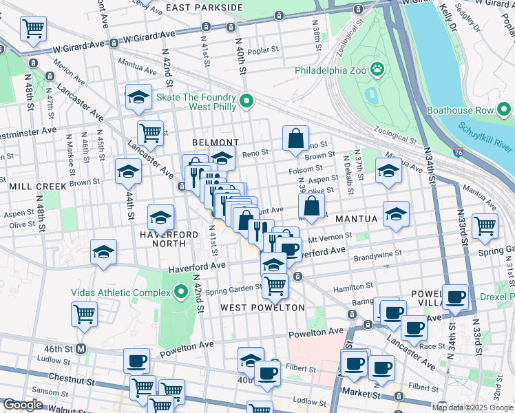 map of restaurants, bars, coffee shops, grocery stores, and more near 729 North 40th Street in Philadelphia
