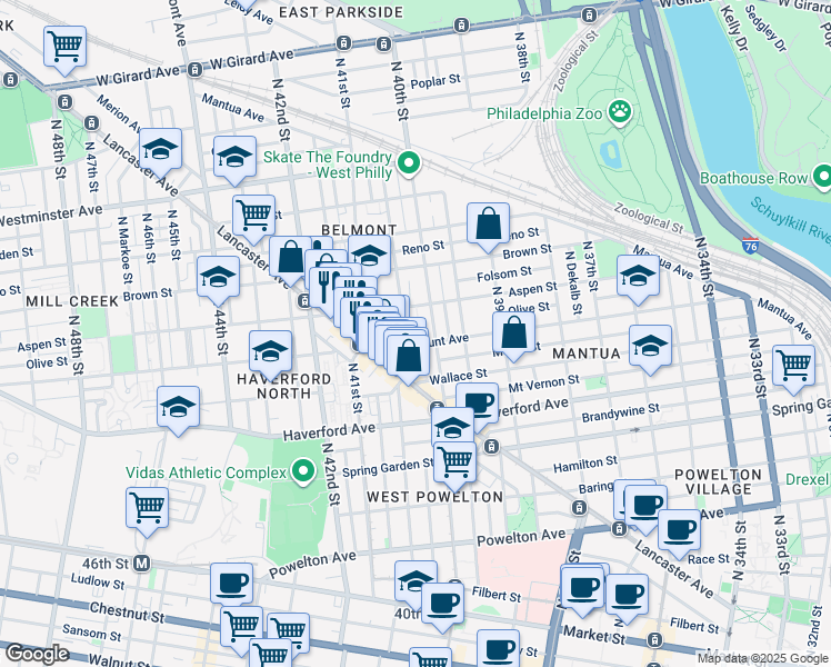 map of restaurants, bars, coffee shops, grocery stores, and more near 728 Wiota Street in Philadelphia