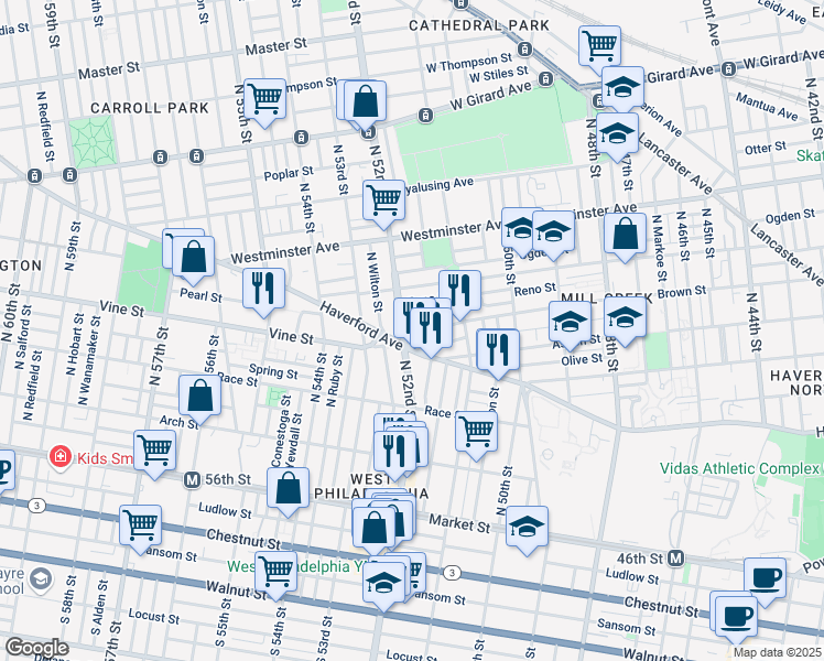 map of restaurants, bars, coffee shops, grocery stores, and more near 328 North 52nd Street in Philadelphia
