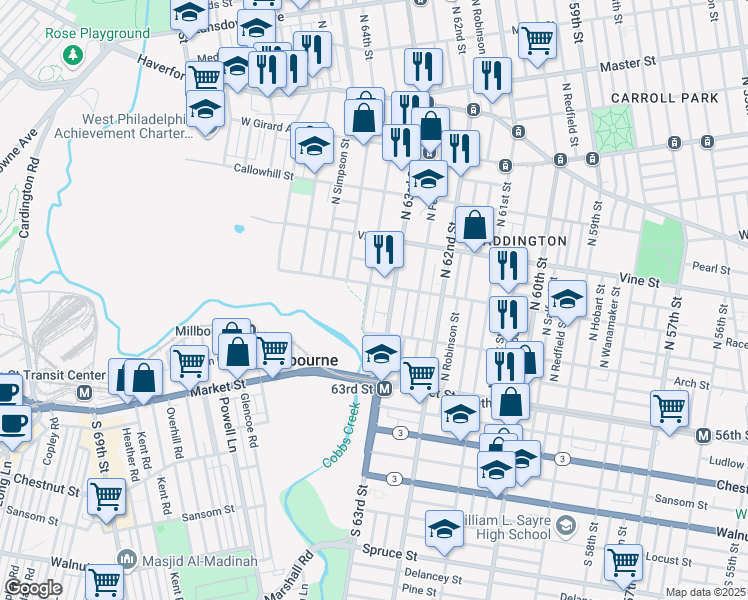 map of restaurants, bars, coffee shops, grocery stores, and more near 6337 Race Street in Philadelphia