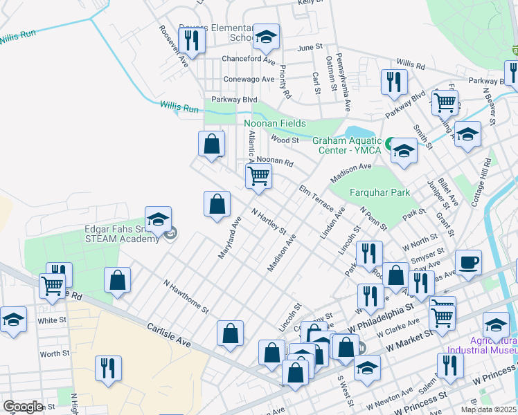 map of restaurants, bars, coffee shops, grocery stores, and more near 727 Roosevelt Avenue in York