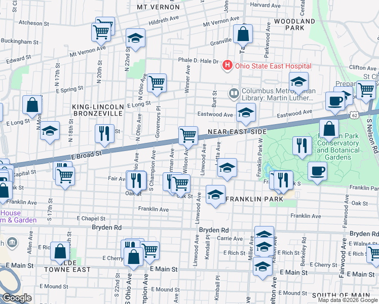 map of restaurants, bars, coffee shops, grocery stores, and more near in Columbus