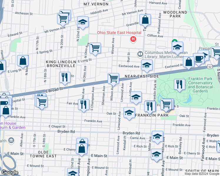 map of restaurants, bars, coffee shops, grocery stores, and more near in Columbus