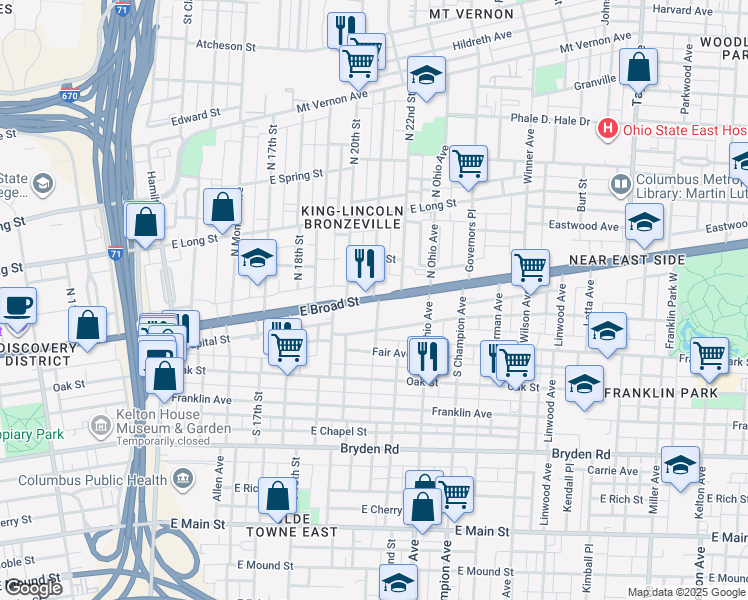 map of restaurants, bars, coffee shops, grocery stores, and more near 25 North 21st Street in Columbus