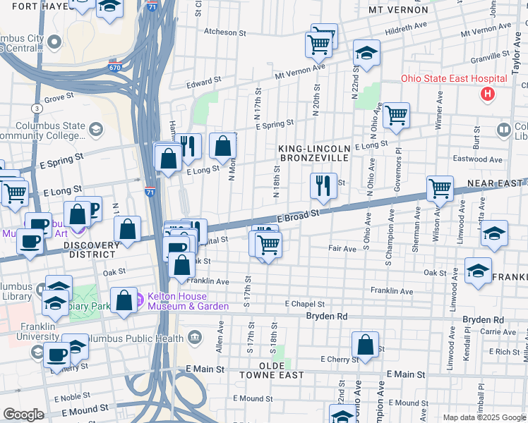 map of restaurants, bars, coffee shops, grocery stores, and more near 50 North 17th Street in Columbus