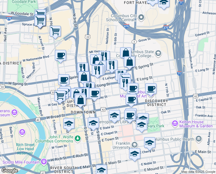 map of restaurants, bars, coffee shops, grocery stores, and more near 230 East Long Street in Columbus