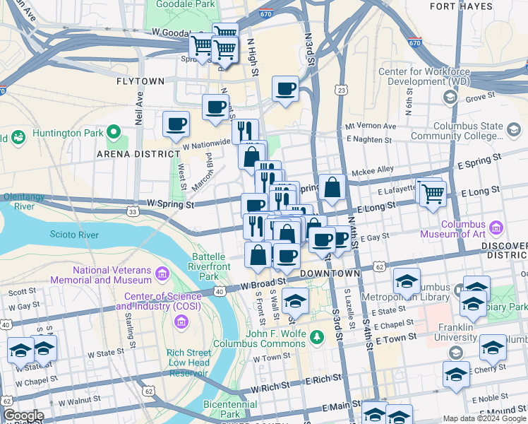 map of restaurants, bars, coffee shops, grocery stores, and more near 215f North Front Street in Columbus