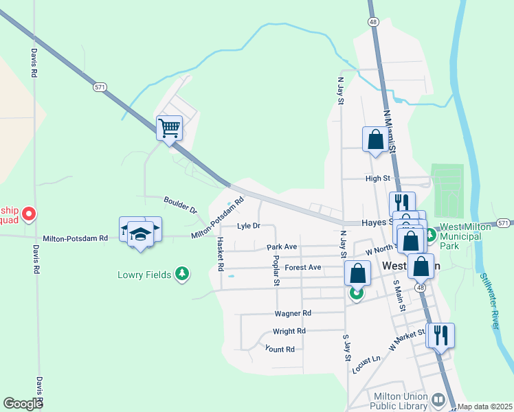 map of restaurants, bars, coffee shops, grocery stores, and more near 457 Hayes Street in West Milton