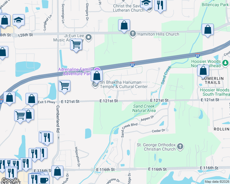 map of restaurants, bars, coffee shops, grocery stores, and more near 10230 Stage Coach Trail in Fishers