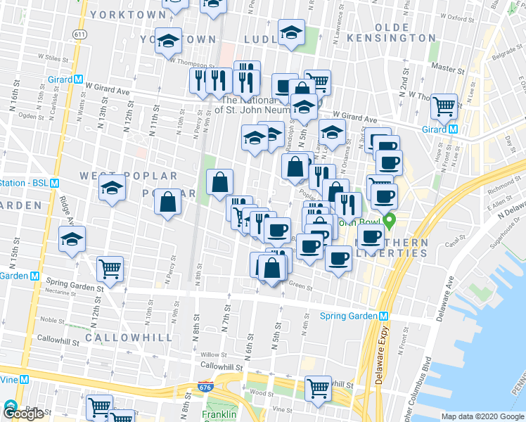 map of restaurants, bars, coffee shops, grocery stores, and more near 825 Hoffman Place in Philadelphia