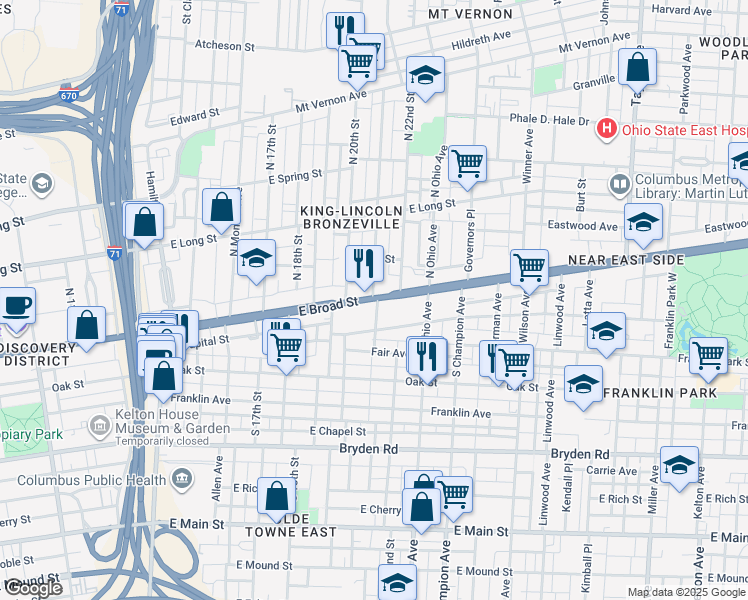 map of restaurants, bars, coffee shops, grocery stores, and more near 1051 East Broad Street in Columbus