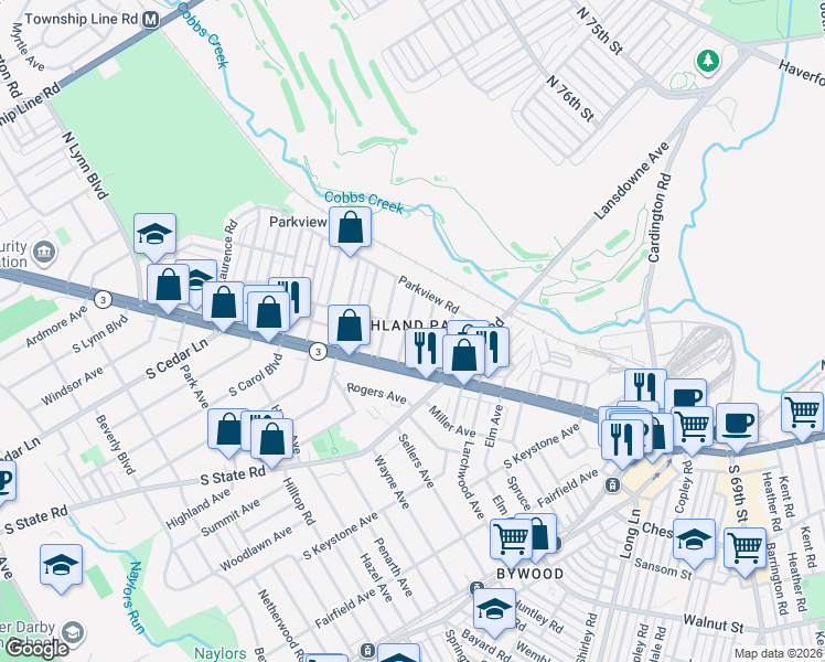 map of restaurants, bars, coffee shops, grocery stores, and more near 107 Kenmore Road in Delaware County