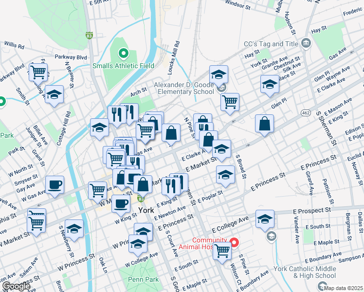 map of restaurants, bars, coffee shops, grocery stores, and more near 227 East Philadelphia Street in York