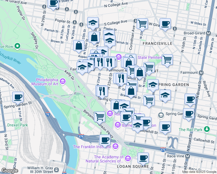 map of restaurants, bars, coffee shops, grocery stores, and more near N 22nd St & Green St in Philadelphia
