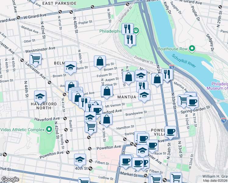 map of restaurants, bars, coffee shops, grocery stores, and more near 3801 Fairmount Avenue in Philadelphia