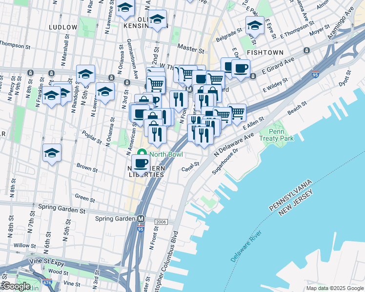map of restaurants, bars, coffee shops, grocery stores, and more near Delaware Expressway in Philadelphia