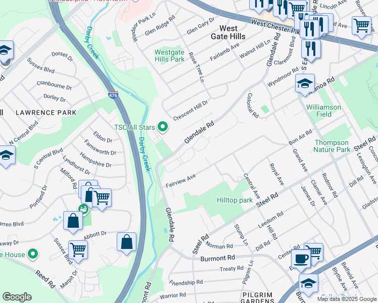 map of restaurants, bars, coffee shops, grocery stores, and more near 400 Glendale Road in Havertown