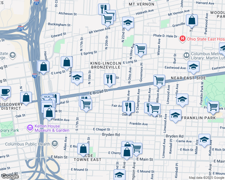 map of restaurants, bars, coffee shops, grocery stores, and more near 1051 East Broad Street in Columbus