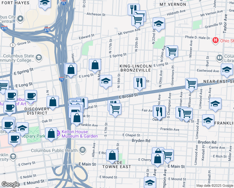 map of restaurants, bars, coffee shops, grocery stores, and more near 926 East Broad Street in Columbus