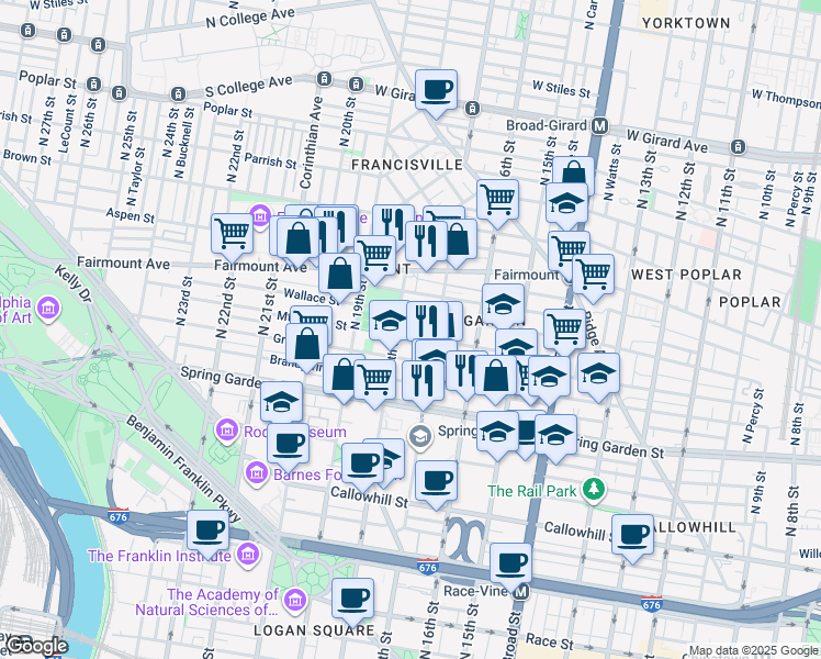 map of restaurants, bars, coffee shops, grocery stores, and more near 1725 Mount Vernon Street in Philadelphia