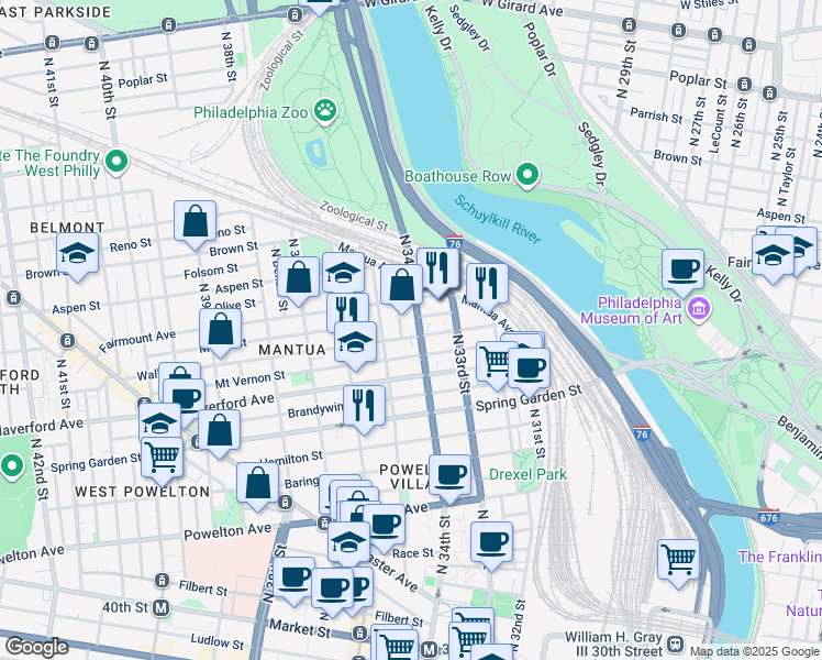 map of restaurants, bars, coffee shops, grocery stores, and more near 3407 Wallace Street in Philadelphia