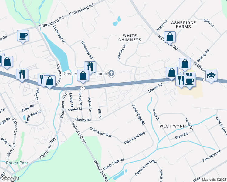 map of restaurants, bars, coffee shops, grocery stores, and more near 180 Summit House in West Chester